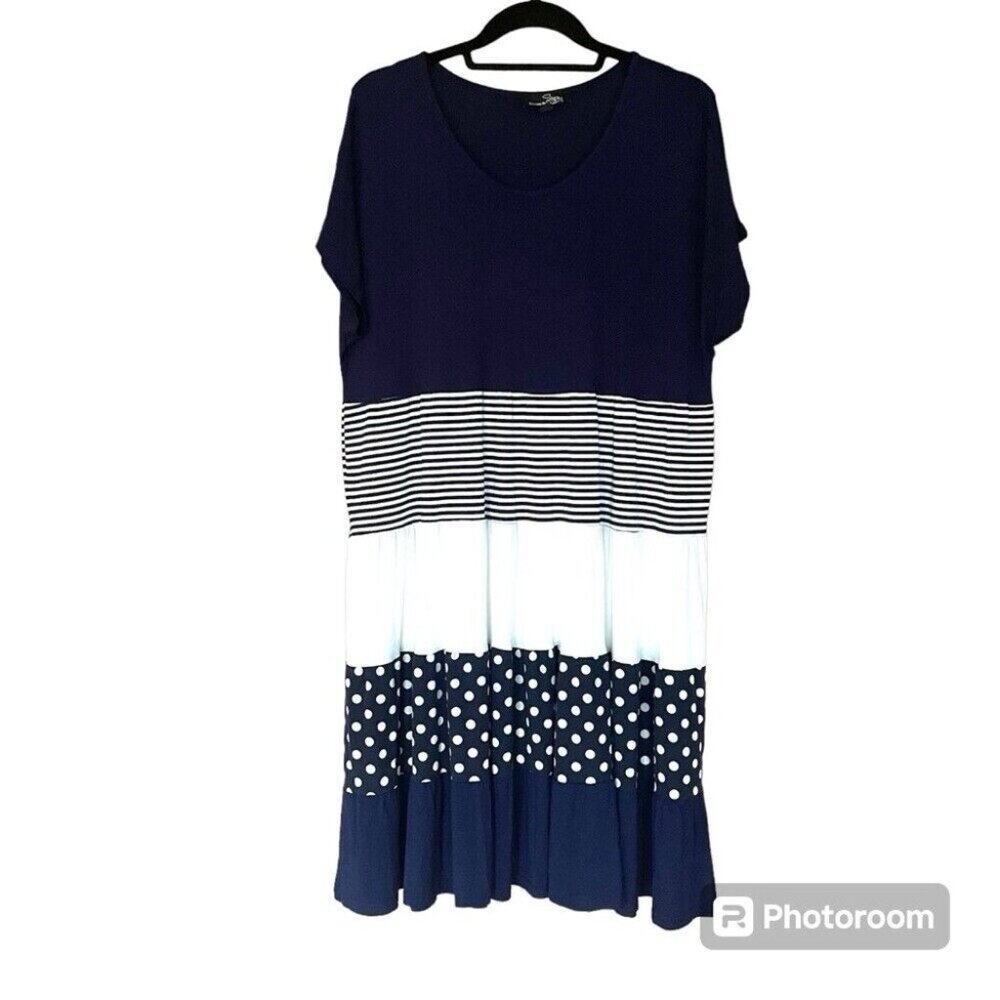 Suzanne Betro Tiered Stripe Dress Sz M Short Sleeve Jersey Nautical Preppy Midi
